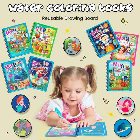 Reusable Magic Coloring Water Book (Pack Of 4 Books + 4Pens)